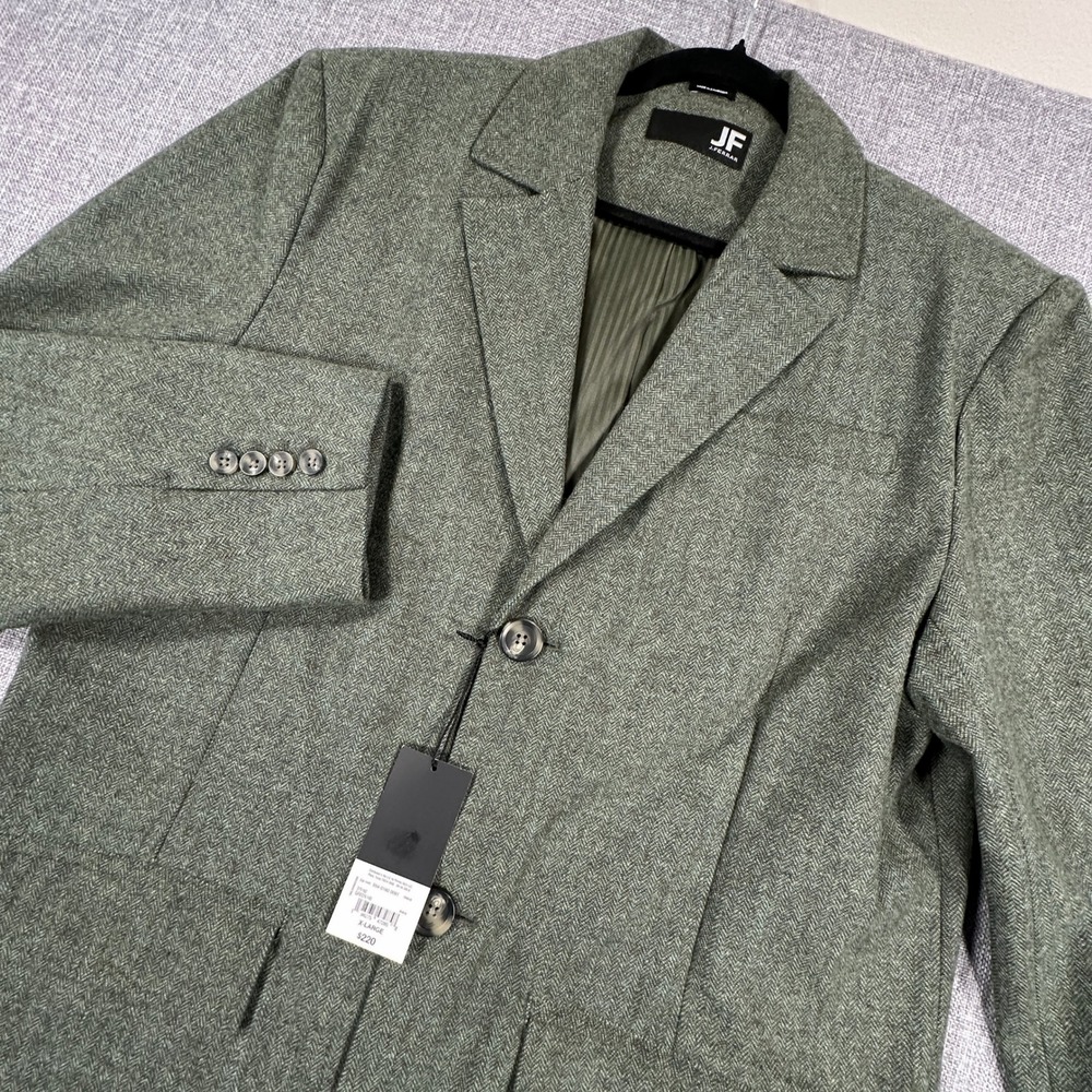 J.Ferrar Overcoat Men XL Green Herringbone Wool Blend Long Tweed Jacket Coat NEW